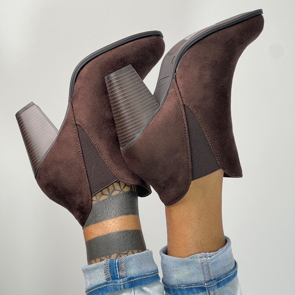 Brown heeled slip on ankle booties